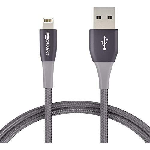 AmazonBasics Double Nylon Braided USB A Cable with Lightning Connector, Premium Collection, MFi Certified Apple iPhone Charger, 3 Foot, Dark Grey