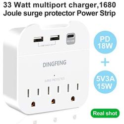 33W multiport Charger 1680Joule Surge Protectors Wall Power Strip,3 Outlets,One 18W USB-C Power Delivery Port for iPhone 11/11 Pro/Max/XS/XR iPad Pro, MacBook9,Two USB-A 15W for S10/S9 and More