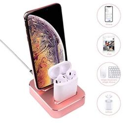 2-in-1 Charging Stand Compatible with iPhone 11/XS/8/8Plus/7/iPad/Airpods1/2/Airpods pro, Aluminum Alloy Built-in USB Cell Phone Charging Stations, Dual Charger Station, Mobile Phone Holde (Rose Gold)