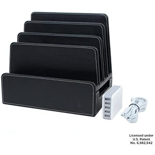 MobileVision Charging Station Slim Black Faux Leather Executive Multi Device Organizer for Smartphones Tablets & Laptops Includes Charging Strip Combo