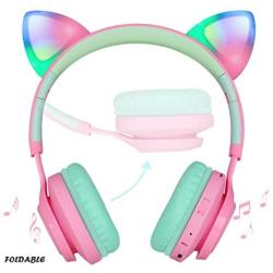 Riwbox Bluetooth Headphones, Riwbox CT-7 Cat Ear LED Light Up Wireless Foldable Headphones Over Ear with Microphone and Volume Control for iPhone/iPad/Smartphones/Laptop/PC/TV (Pink&Green)