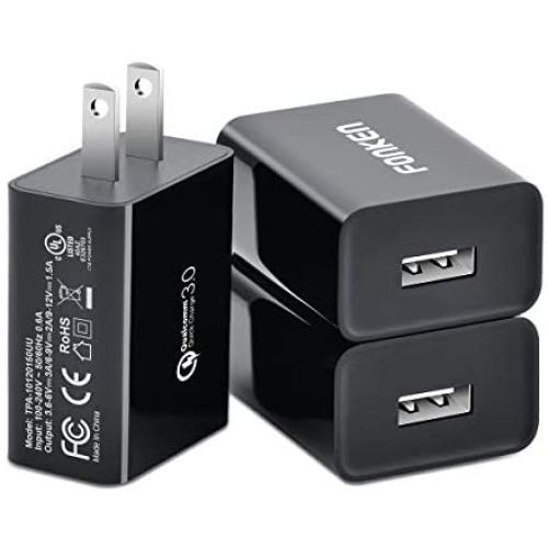 [3-Pack] Quick Charge 3.0, FONKEN 18W 3A USB Wall Charger QC 2.0/3.0 Adapter Fast Charger Block Compatible for Samsung S10/S9/S8/Note 8/7, LG G5, Nexus 9,HTC 10, iPhone, iPad, Wireless Charger (Black)