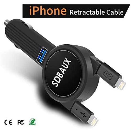 SDBAUX Car Charger,Quick Charge 3.1A/15W with 2.3ft Dual Retractable Cable,Compatible/Replacement for iPad iPod Phone 11 XS Max XR X 8 7 6 Plus 5s,1 USB Port for Samsung Galaxy LG Google Pixel & More