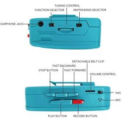 Byron Statics Cassette Player FM Am Radio Walkman Portable Cassette Converter Automatic Stop System Protect Cassette Tape Mic Recorder 2 AA Battery or USB Power Supply Belt clip with Headphone, Teal