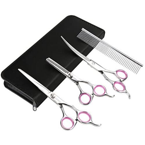 GEMEK Pet Cat Dog Grooming Scissors Set 4 Pieces Stainless Steel Professional Pet Trimmer Kit - 7.5 inch Straight Cutting Scissors, Thinning Shears, Curved Scissors, Grooming Combs