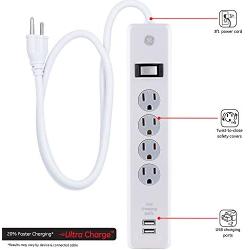 GE Surge Protector, 4 Outlet, 2 USB Charging Ports, 3 Ft Long Extension Cord, 1A USB Charging,, 450 Joules, White, 14090