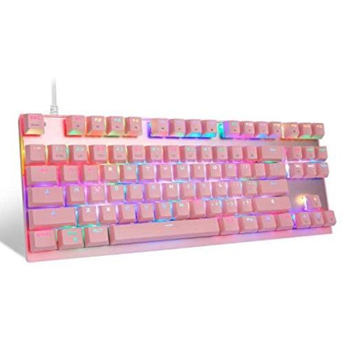 MOTOSPEED Professional Gaming Mechanical Keyboard RGB Rainbow Backlit 87 Keys Illuminated Computer USB Gaming Keyboard for Mac & PC Pink