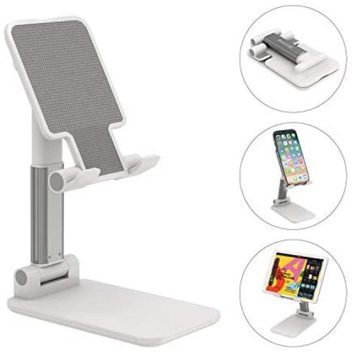 Cell Phone Stand Phone Holder, Adjustable Angle Height Phone Stand for Desk&Foldable Portable Aluminum Desktop Phone Stand, Universal Tablet Holder Compatible with iPhone Cell Phone Tablet (White)