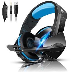 Stereo Gaming Headset for PS4 Xbox One PC Controller Nintendo Switch Games 3.5mm equipment, PHOINIKAS H3 Noise Cancelling Headphones, 7.1 Surround Sound, Over Ear Headphones with Mic, LED Light (Blue)