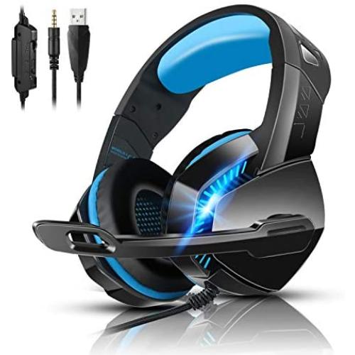 Stereo Gaming Headset for PS4 Xbox One PC Controller Nintendo Switch Games 3.5mm equipment, PHOINIKAS H3 Noise Cancelling Headphones, 7.1 Surround Sound, Over Ear Headphones with Mic, LED Light (Blue)