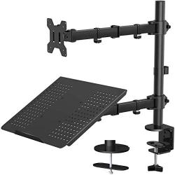 Laptop Monitor Mount Stand with Keyboard Tray, Adjustable Notebook Desk Mount with Clamp and Grommet Mounting Base for 13 to 27 Inch LCD Computer Screens Up to 22lbs, Notebook up to 15.6”, Black