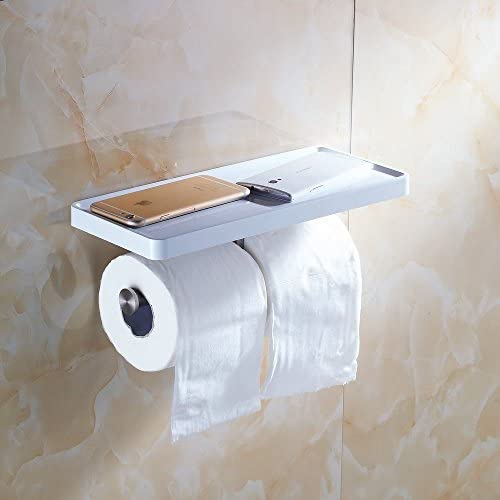 Beelee Toilet Paper Holder with Shelf - White Double Paper Holder, Bathroom Cell Mobile Phone Holder Shelf, Wall Mounted Design Best for Bathroom BA8801