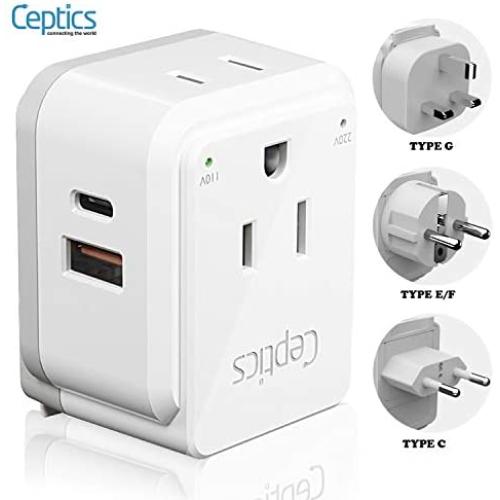 European Power Plug Adapter Travel Set by Ceptics, Safe Dual USB & USB-C - 2 USA Socket - Compact & Powerful - Use in Germany, France, Italy, UK - Includes Type E/F, Type C, Type G SWadAPt Attachments