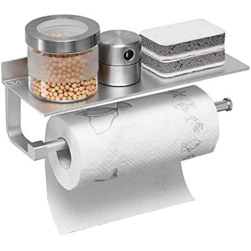 JOOM Paper Towel Holder Wall for Kitchen 13 Inch, Bathroom Tissue Roll Hanger with Mobile Phone Storage Shelf,Space Aluminum, Self Adhesive with Glue or Wall Mount with Screws, Dull Polished Silver