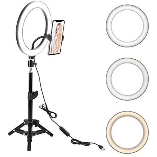 10" LED Selfie Ring Light with Tripod Stand & Cell Phone Holder for Live Stream/Makeup, BONFOTO Dimmable Desktop Camera Ringlight for YouTube Video/Photography Compatible with iPhone/Android