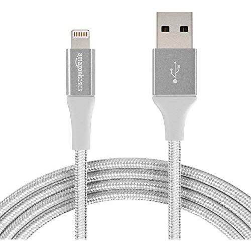 AmazonBasics Double Braided Nylon Lightning to USB Cable, Advanced Collection, MFi Certified Apple iPhone Charger, Silver, 10 Feet