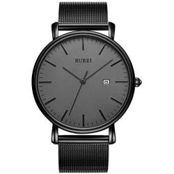 BUREI Mens Fashion Minimalist Wrist Watch Analog Date with Stainless Steel Mesh Band