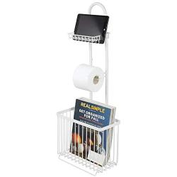 mDesign Free Standing Toilet Paper Holder Stand and Dispenser, with Storage for Tablet, Magazines, Books, Cell Phone While Dispensing 1 Roll - for Bathrooms/Powder Rooms - White