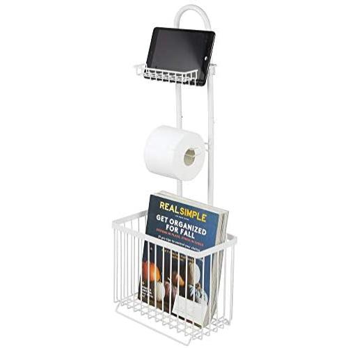 mDesign Free Standing Toilet Paper Holder Stand and Dispenser, with Storage for Tablet, Magazines, Books, Cell Phone While Dispensing 1 Roll - for Bathrooms/Powder Rooms - White