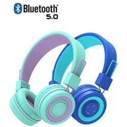 iClever 2pack Kids Bluetooth Headphones - Headphones for Kids with MIC, Volume Control Adjustable Headband, Foldable - Childrens Headphones on Ear for iPad Tablet Airplane School, Green/Blue