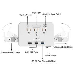 QC3.0 USB Quick Charger Adapter Socket Shelf Outlet Surge Protector Wall Mount Switch with Led Sensor Night Light Phone Holder Electrical Splitter for Office Home School College Dormitory Affiliates