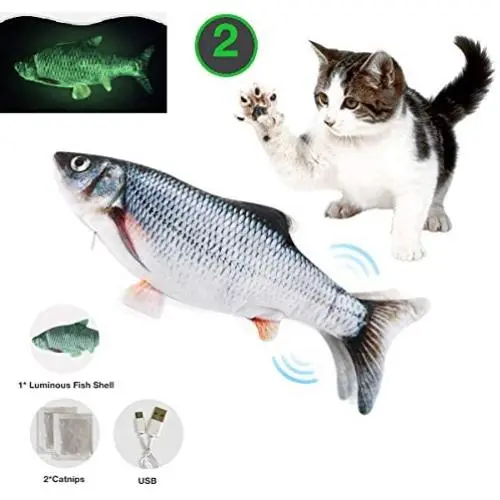 Bylure Cat Toys Moving Fish with Motion Sensor, Rechargeable Floppy Fish Catnip Toys, Interactive Pet Pillow, 2 Catnip and 1 Luminous Plush Toy Fish Cover Gift