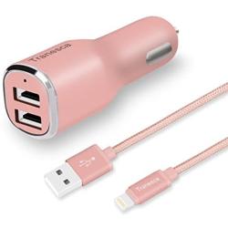 Rose Gold car Charger kit- Tranesca Compatible 4.8A/24W Dual Rapid USB Ports Car Charger with 6FT Nylon Braided MFI (Apple Certified) Lightning Cable