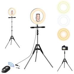 Selvim 10  Selfie Ring Light with Tripod ＆ 3 Cellphone Holders for Live Stream/Makeup/Selfie, 128 LED Bulbs 3 Light Modes 10-Level Brightness 360° Rotating, with Bluetooth Remote Control