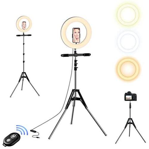 Selvim 10  Selfie Ring Light with Tripod ＆ 3 Cellphone Holders for Live Stream/Makeup/Selfie, 128 LED Bulbs 3 Light Modes 10-Level Brightness 360° Rotating, with Bluetooth Remote Control
