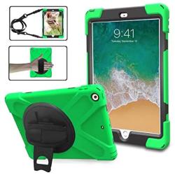 iPad 9.7 Rugged Protective Case with Strap for Kids Girls Boys, TSQ Heavy Duty Hard Durable Defender Drop Kids Shock Proof Case with Rotation Stand,Handle Hand Strap Grip& Neck Shoulder Strap Green