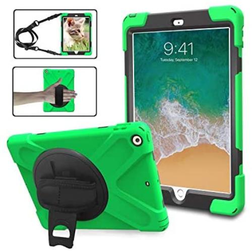 iPad 9.7 Rugged Protective Case with Strap for Kids Girls Boys, TSQ Heavy Duty Hard Durable Defender Drop Kids Shock Proof Case with Rotation Stand,Handle Hand Strap Grip& Neck Shoulder Strap Green