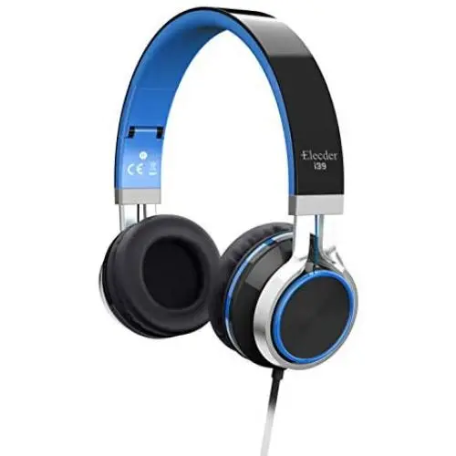 Elecder i39 Headphones with Microphone Foldable Lightweight Adjustable On Ear Headsets with 3.5mm Jack for iPad Cellphones Computer MP3/4 Kindle Airplane School Blue/Black