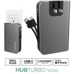 myCharge Portable Charger with Built in Cables & Wall Plug [iPhone + USB C] 10050 mAh 18W Hub Turbo Fast Charge Power Bank Cell Phone External Battery Pack for Apple Lightning & Android for Samsung