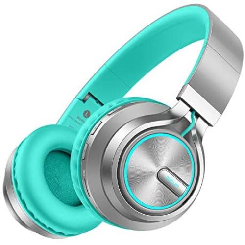 Wireless Headphones 25 Hrs w/Romantic LED Light, HiFi Stereo Picun Bluetooth 5.0 Headphones Over Ear w/Deep Bass/HD Mic/Bag, Protein Earpads, Foldable, TF Card/Wired Mode for PC Cellphone (Grey/Mint)