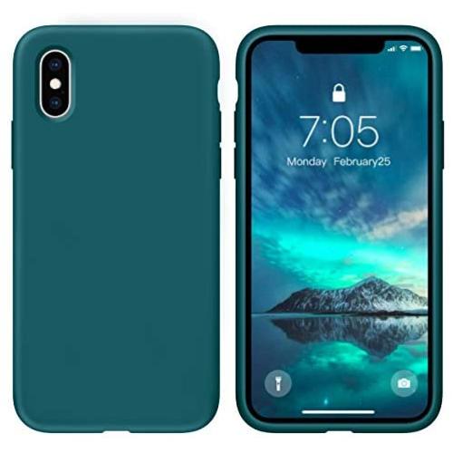 OuXul Case for iPhone X/iPhone Xs 5.8 inch Liquid Silicone Gel Rubber Phone Case, Full Body Slim Soft Microfiber Lining Cushion Shockproof Protective Case (Blackish Green)