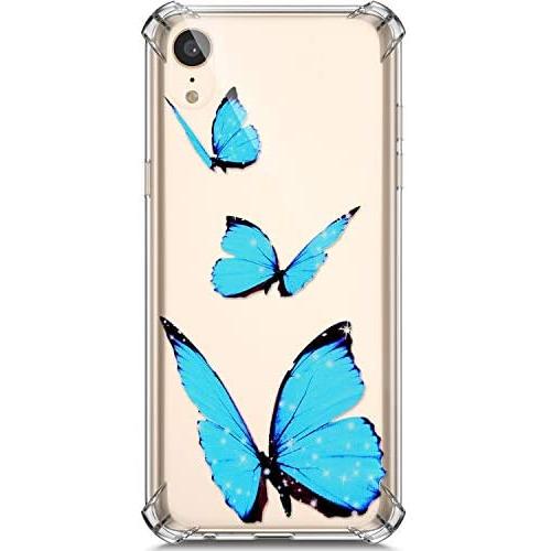 PHEZEN Case for iPhone XR Crystal Clear Case Floral Printed Ultra Slim Soft TPU Bumper Cushion Cover Anti-Scratch Transparent TPU Silicone Case for iPhone XR, Blue Butterfly