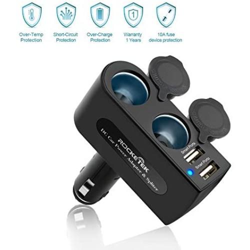 Rocketek 2-Socket Car Splitter Cigarette Lighter Adapter Multi Power Outlet 12/24V 90W with 3.1A 2 USB Car Charger Adapter, Cigarette Lighter Splitter Adapter for iPhone ipad Cell Phone Tablet GPS