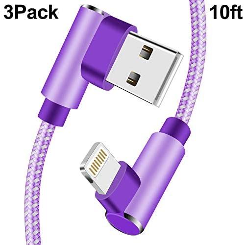 iPhone Charger Cable，90 Degree Lightning Cable 10 FT iPhone Cable Braided Syncing & Charging Cord for iPad/iPhone11/ XS/Max/XR/X/8/7/6/iPod(Purple)