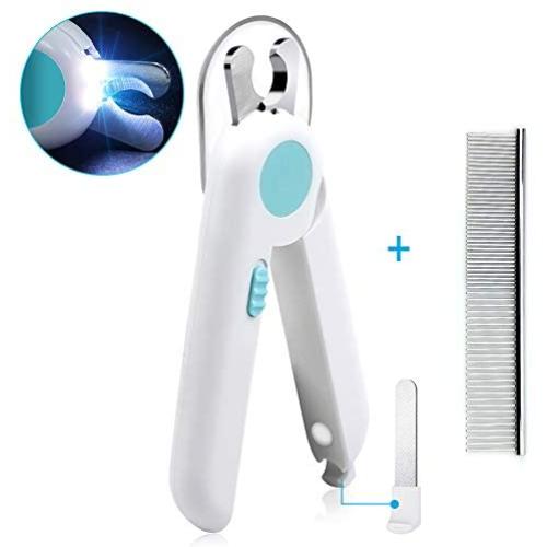 Dog Cat Pet Nail Clippers with LED Light, Pet Nail Trimmers with Transparent Cover to Avoid Nail Splashing, Razor Sharp Blade, Free Nail Files and Steel Comb, Pet Grooming Tools for Pet Claw Care