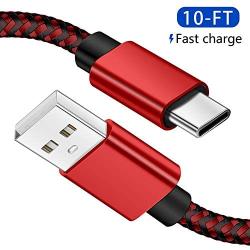 USB C Cable 10ft, Long Type C Fast Charging Cable,Durable Nylon Braided for Samsung S20 S10 S9 S8 Plus Note 10 9, Moto Z，LG G8, BLU G9 Pro and Other USB C Charge (Red)