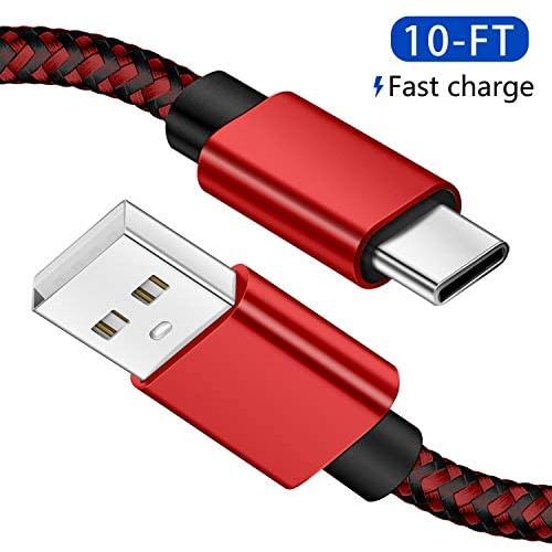 USB C Cable 10ft, Long Type C Fast Charging Cable,Durable Nylon Braided for Samsung S20 S10 S9 S8 Plus Note 10 9, Moto Z，LG G8, BLU G9 Pro and Other USB C Charge (Red)