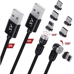 A.S 3 in 1 Magnetic Phone Charger Cable, 360°& 180° Rotation Magnetic Charging Cable, Compatible with Micro USB, Type C and iProduct (Black, 3ft+6ft)