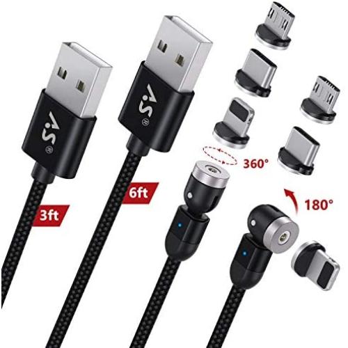 A.S 3 in 1 Magnetic Phone Charger Cable, 360°& 180° Rotation Magnetic Charging Cable, Compatible with Micro USB, Type C and iProduct (Black, 3ft+6ft)