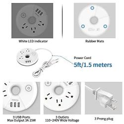 Power Strip with USB, NTONPOWER Travel Power Strip, 3 USB 3 Outlets Desktop Charging Station with 5ft Extension Cord Compact for Nightstand Home Officd Dorm Room Travel - White