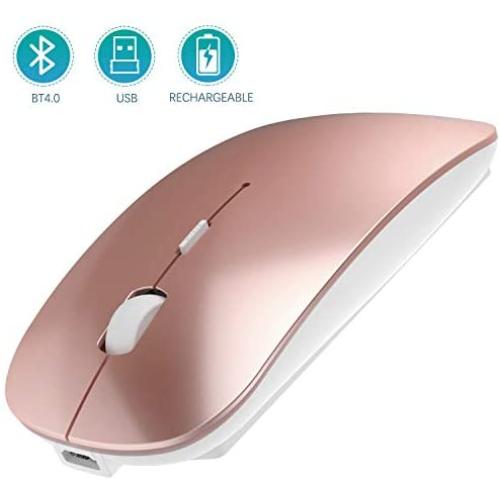 Bluetooth Wireless Mouse, Dual Mode Slim Rechargeable Wireless Mouse Silent Cordless Mouse with Bluetooth 4.0 and 2.4G Wireless, Compatible with Laptop, PC, Windows Mac Android OS Tablet (Rose Gold)