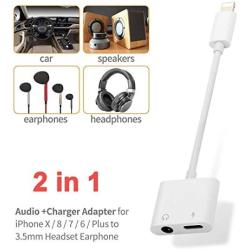 Headphone Adapter for iPhone Dongle 2 in 1 Earphone 3.5mm Jack Aux Cord Audio Car Charger for iPhone 11Pro/7/7 Plus/8/8 Plus/X/Xs Splitter Audio Connector Accessory Cable Support All iOS System