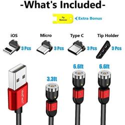 Magnetic Charging Cable [3pk 3ft/6ft/6ft] ModTech 3 in 1 USB 360 Magnetic Phone Charger - Nylon Braided Magnetic Charger - Compatible Micro USB - Type C - iProducts (Red 2A/3pck)
