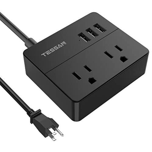 TESSAN Portable 2 Outlet Travel Mini Power Strip with 3 USB Ports Desktop Charging Station 5 Ft Extension Cord Multi Outlets Extender Plug for Cruise ship-BLACK