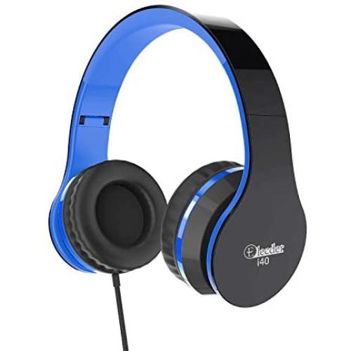 Elecder i40 Headphones with Microphone Foldable Lightweight Adjustable Wired On Ear Headsets with 3.5mm Jack for iPad Cellphones Laptop Computer Smartphones MP3/4 Kindle Airplane School (Black/Blue)