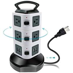 Surge Protector Power Strip Tower Electric Charging Station 3000W 13A 16AWG 10 Outlet with 4 USB Slot, Multi Plug Outlet with 6 ft Long Cord Wire for PC Laptops Mobile Office Home